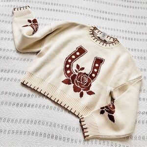 Altar'd State Cream and Brown horse shoe Knit Sweater